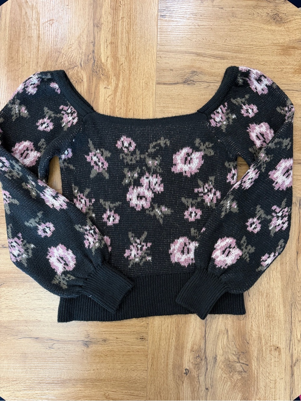 Anthropologie Floral Puff Sleeve Sweater Size M Black Pink Cottagecore
